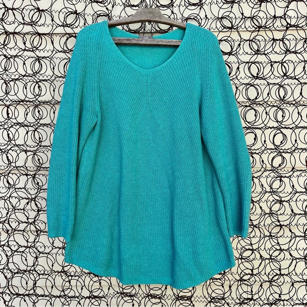 J Jill Teal Blue Cableknit Pullover Sweater Scoop Hem MEDIUM